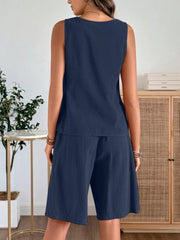 Navy relaxed fit tank and shorts set with a scoop neckline and wide leg shorts.