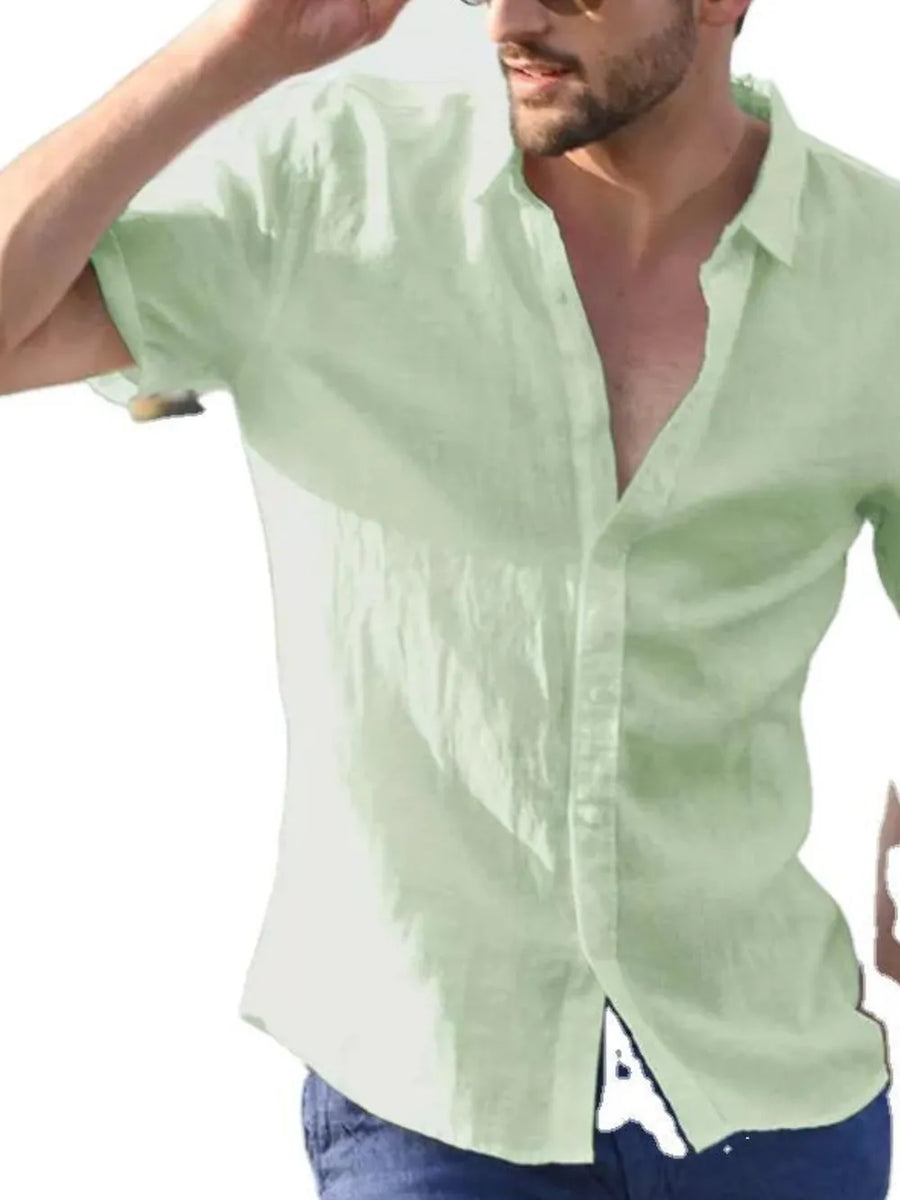 Light green linen resort shirt, relaxed fit, short sleeves, button-down, breathable fabric.