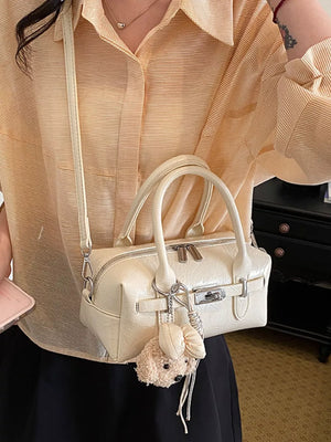 handbag featuring geometric in cream with PU Leather Imported Size &amp texture