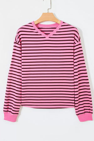 Stripe V Neck Drop Shoulder Long Sleeve Shirt option 8