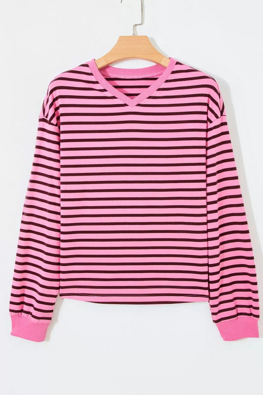 Stripe V Neck Drop Shoulder Long Sleeve Shirt option 8