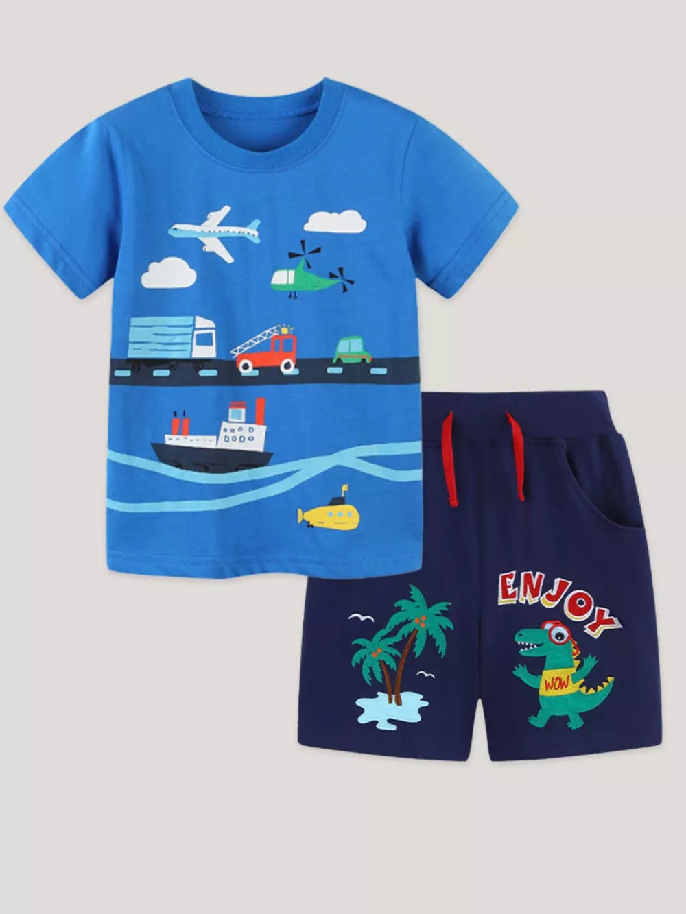 Blue cotton toddler t-shirt and navy shorts set with transportation and dinosaur prints.