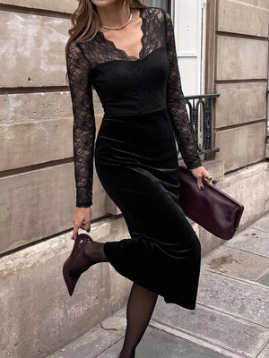 black midi dress with lace and sweetheart