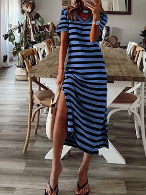 Yellow Full Size Striped V-neck Midi Dress With Side
