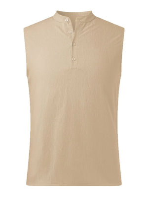 Khaki sleeveless shirt with mandarin collar and button placket