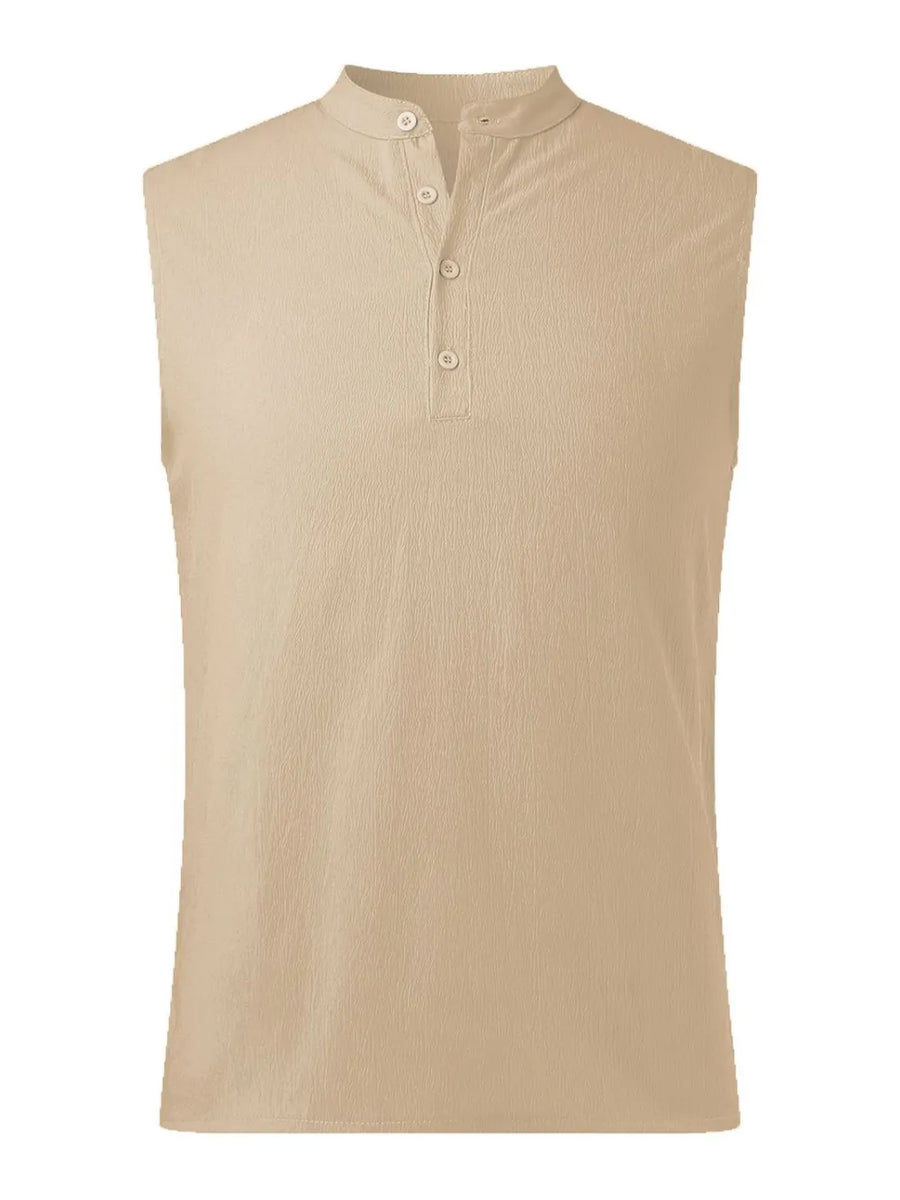 Khaki sleeveless shirt with mandarin collar and button placket