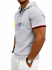 Khaki Men's Full Size Letter Graphic Short Sleeve Hooded Top