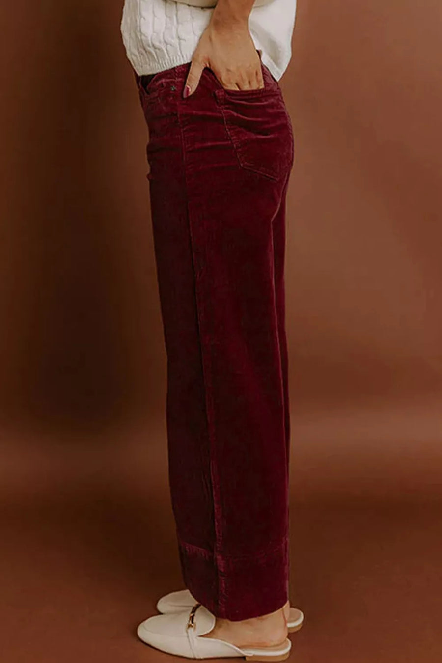 Corduroy High Waist Wide Leg Pants in burgundy with high-waisted