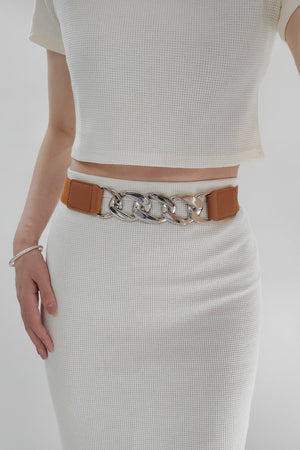 Chunky chain elastic waist belt with ochre elastic and silver alloy links