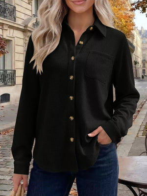 Waffle Knit Button-down Long Sleeve Shirt in Coffee Brown with waffle-knit