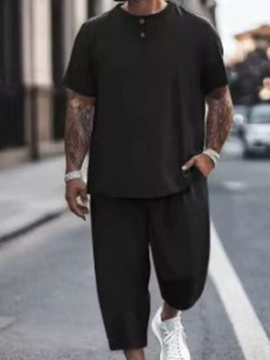 Navy Blue Men's Plus Size Casual Short Sleeve Top And Pants Set