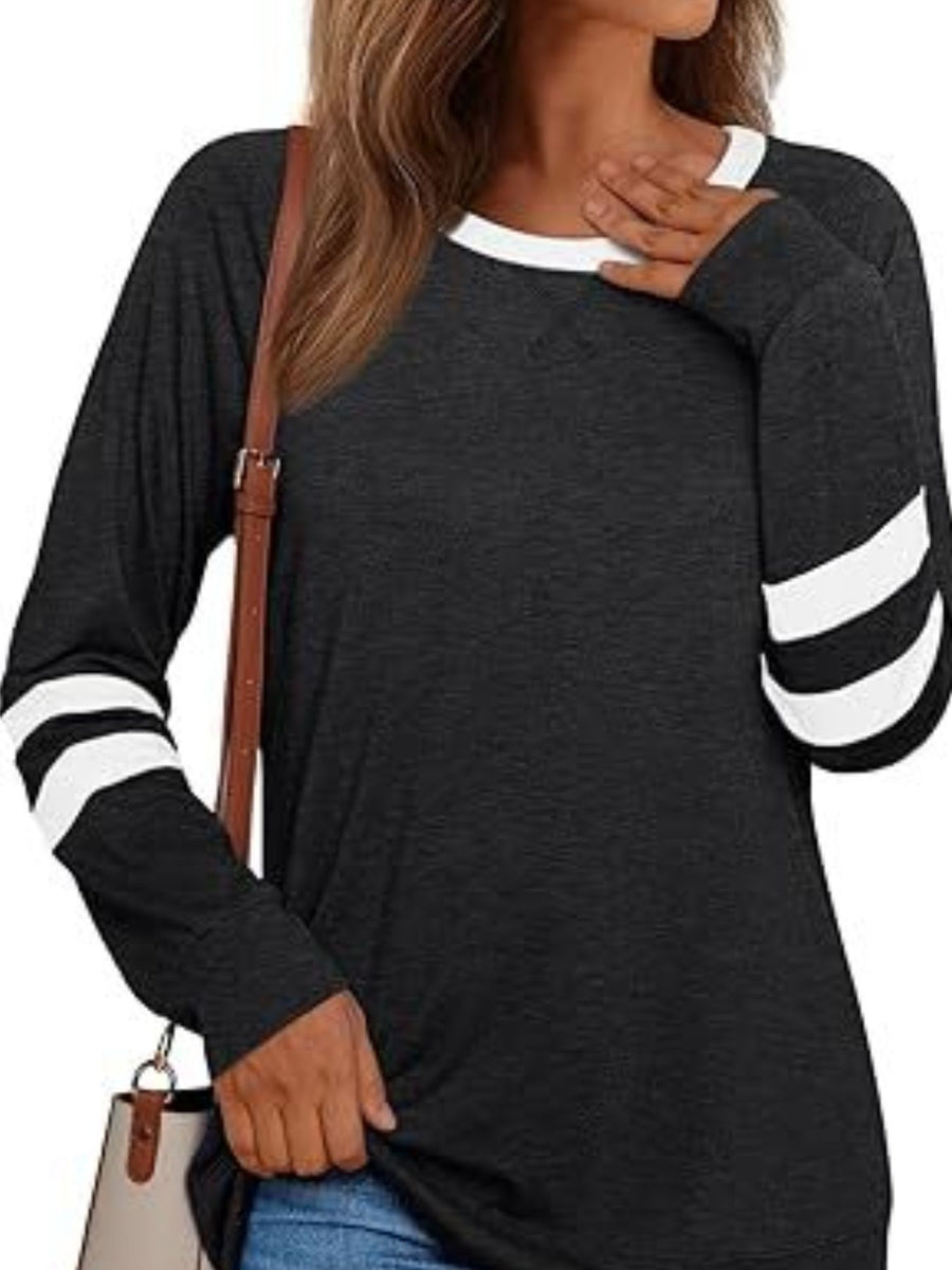 Heathered dark blue t-shirt with white trim and striped sleeves.