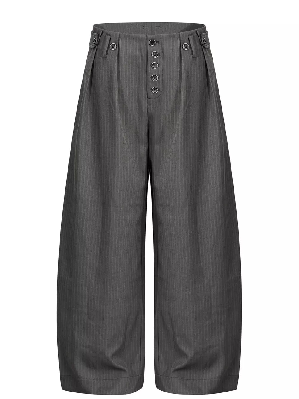 Refined grey pinstripe wide-leg men's sweatpants with button fly and adjustable waist tabs.