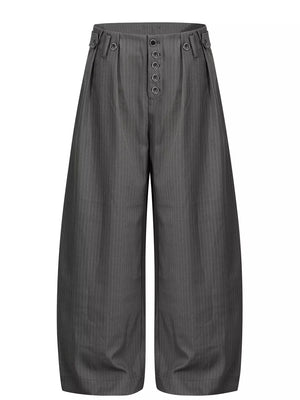 Refined grey pinstripe wide-leg men's sweatpants with button fly and adjustable waist tabs.