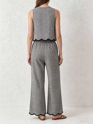 Plaid two-piece set with scalloped trim on sleeveless top and wide-leg pants.