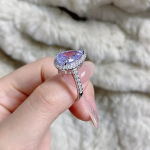 925 Sterling Silver Zircon Teardrop Ring in Pink Purple with halo setting
