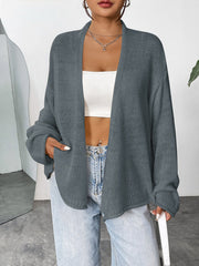 Dark gray acrylic open-front slouchy knit cardigan with pockets.
