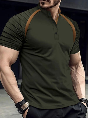 Army green polo shirt with contrast tan raglan sleeves and mandarin collar