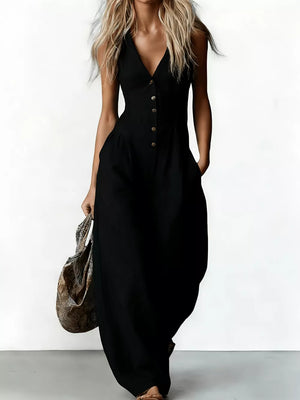 Green V-neck Button-down Wide-leg Jumpsuit