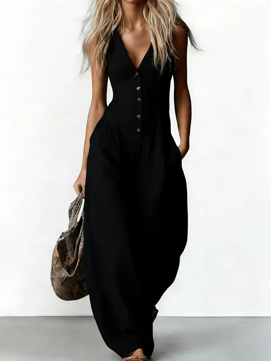 Green V-neck Button-down Wide-leg Jumpsuit