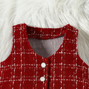 Toddler red plaid vest with white decorative buttons and metallic threads.