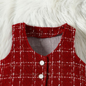 Toddler red plaid vest with white decorative buttons and metallic threads.