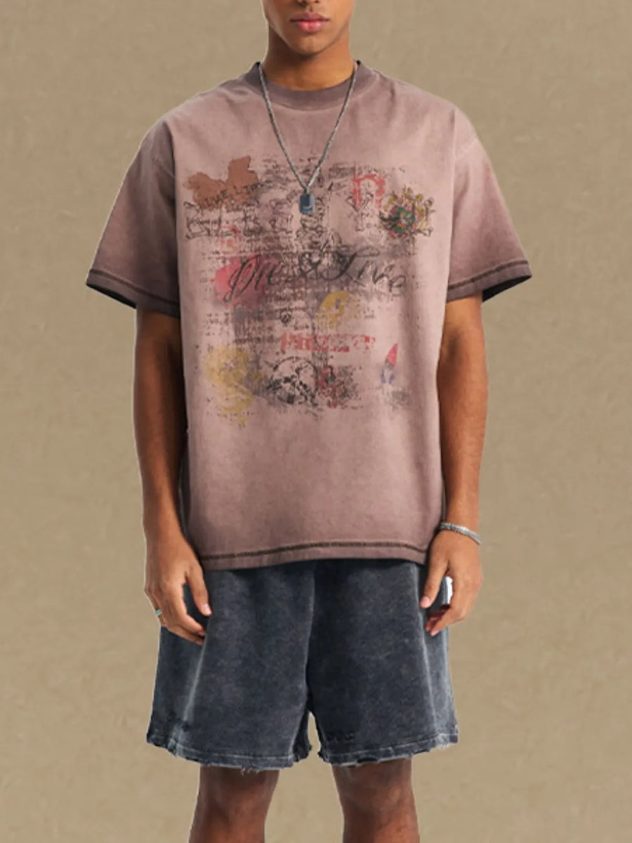 Mocha vintage wash t-shirt with graphic print and distressed details.