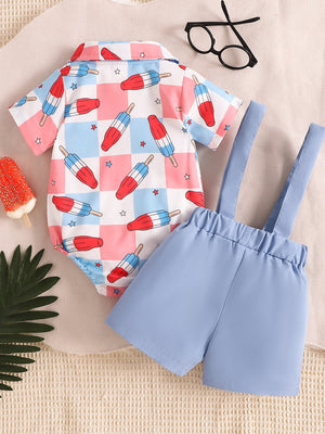 Baby bodysuit with popsicle print and suspender shorts in sky blue.