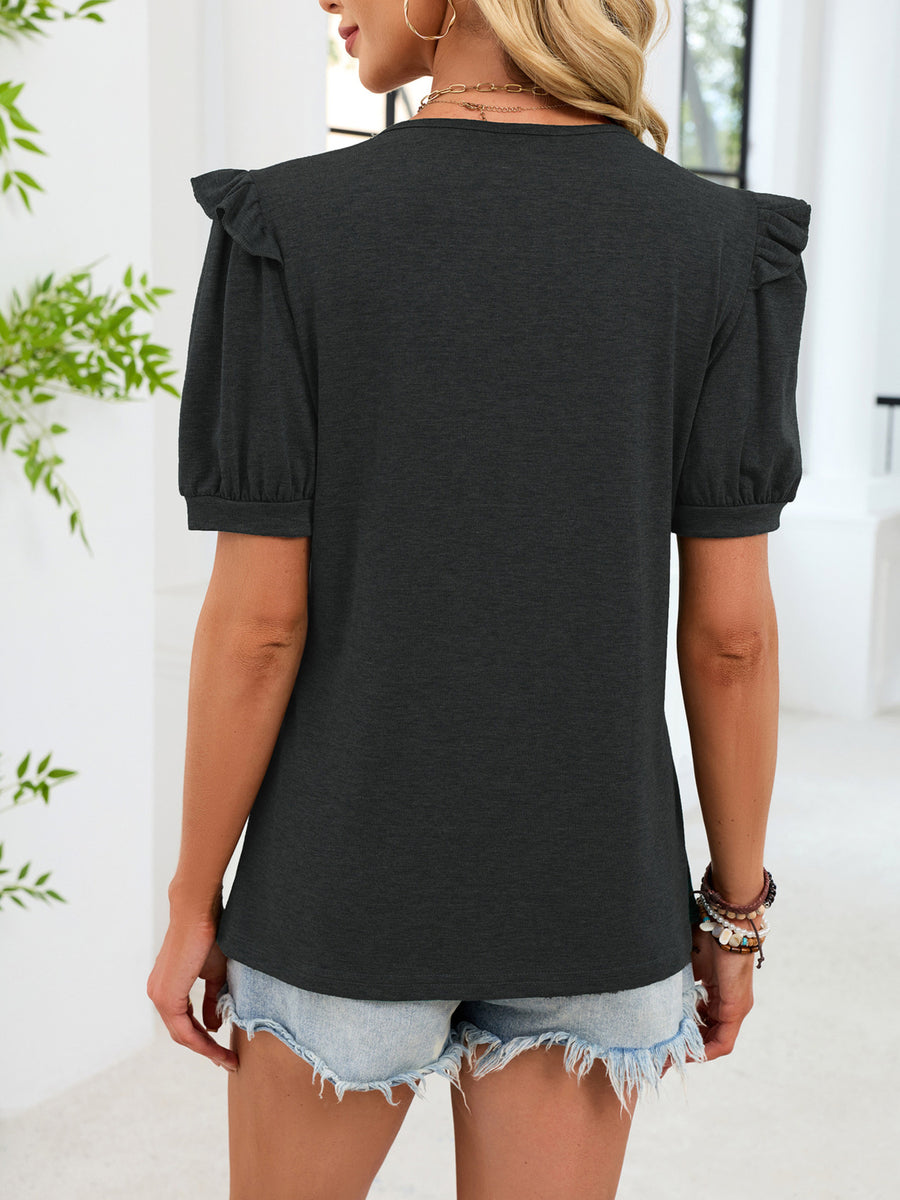 Gray ruffled V-neck short-sleeve t-shirt with puff sleeves.