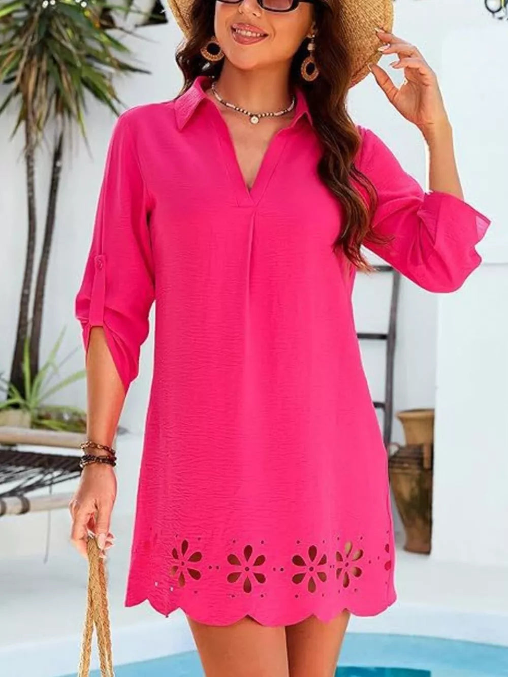 fuchsia shirt dress with floral eyelet and collared v-neck