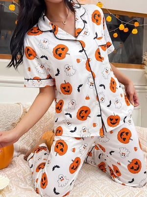 orange pajama set featuring two-piece and pumpkin print