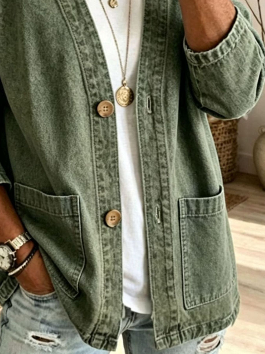 Dusty Blue relaxed denim jacket with v-neck