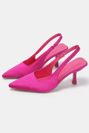 Hot pink satin slingback pumps with sculpted heel
