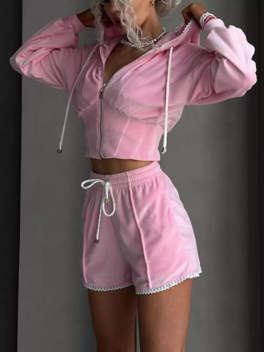Zip Up Hooded Outerwear And Shorts Set, view 18