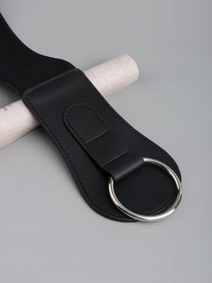 Black elastic belt with faux leather detail and silver ring buckle