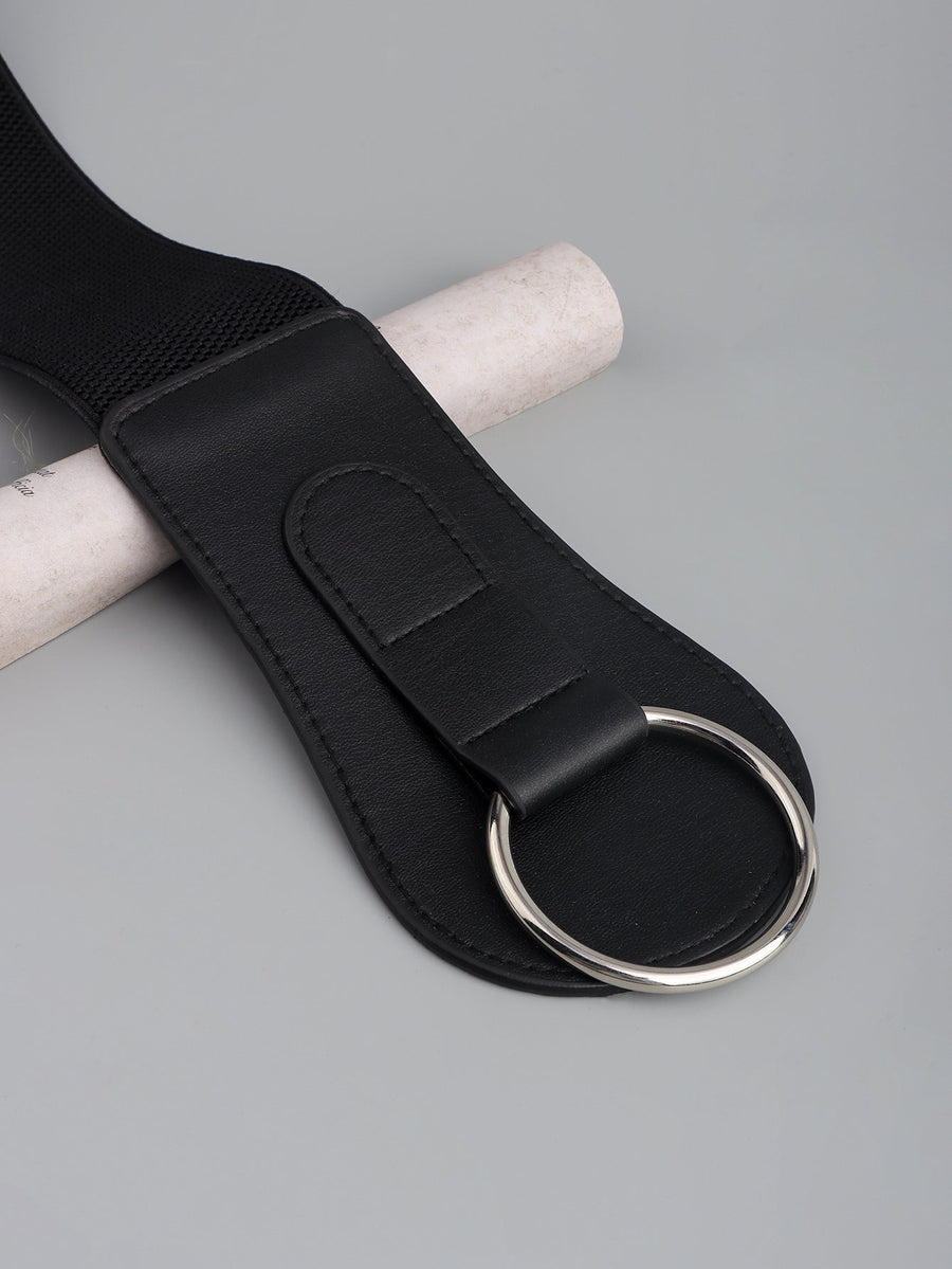 Black elastic belt with faux leather detail and silver ring buckle