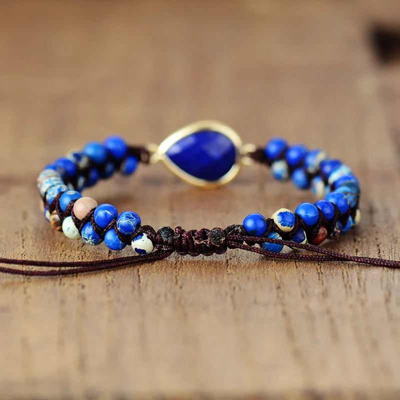 Lapis Lazuli macrame bracelet with blue stone teardrop and gold setting