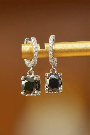 Black square stone hoop earrings with pave crystal details.