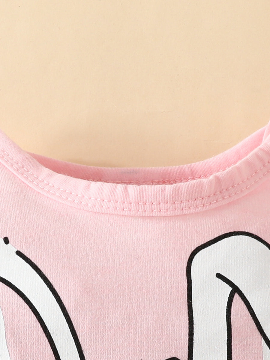 Pink baby bodysuit with bunny graphic detail and ribbed neckline.