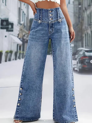 Wide-leg denim jeans in blue with button accents on the waist and leg hems.