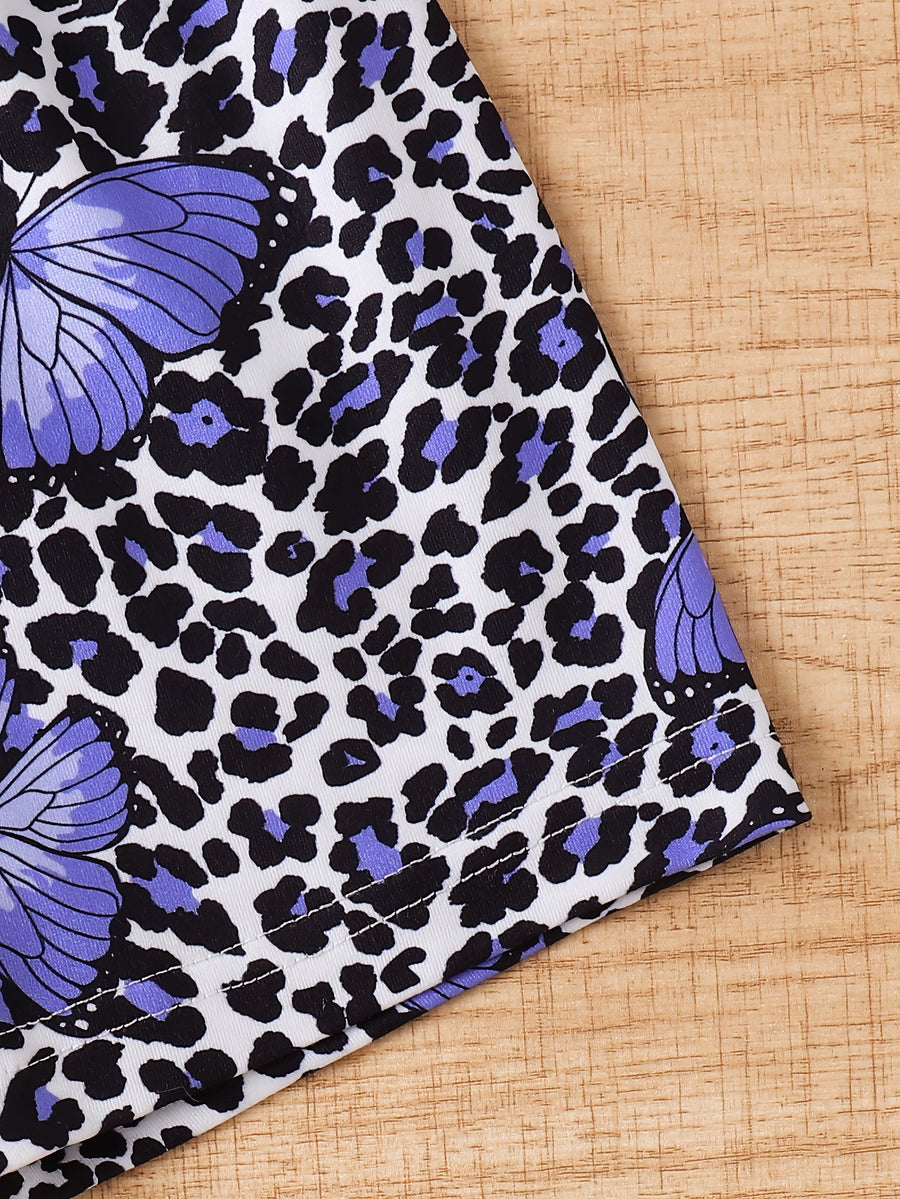 Children's white tee and shorts set with purple butterfly and leopard print.