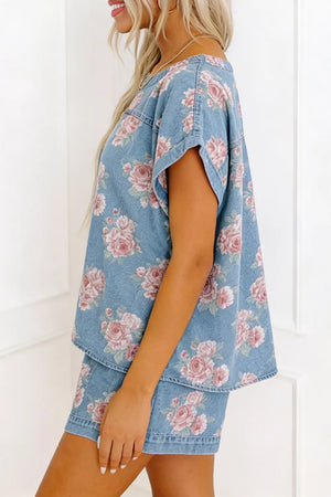 Floral denim two-piece set with short sleeves and boxy fit, featuring a pink rose pattern.
