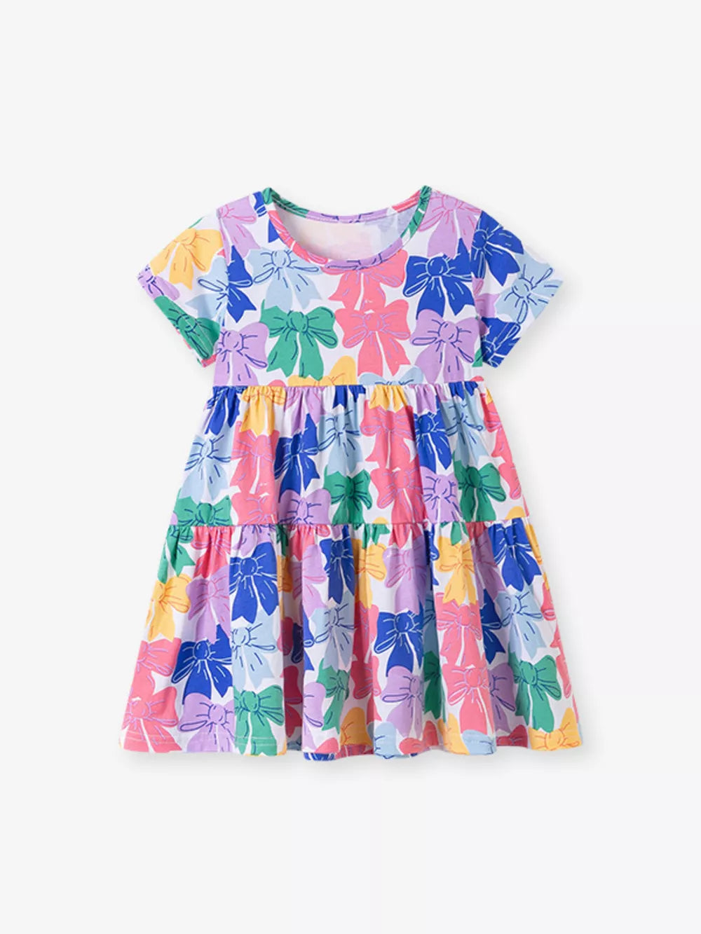 Baby tiered dress with colorful bow print, short sleeves, and round neckline.
