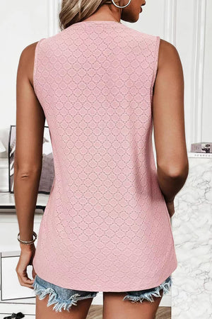 Textured sleeveless scoop neck top in blush pink with diamond eyelet pattern.