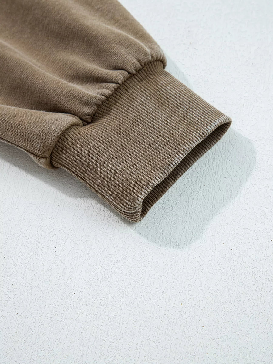 Mineral wash hoodie sleeve cuff in coffee brown with ribbed detail