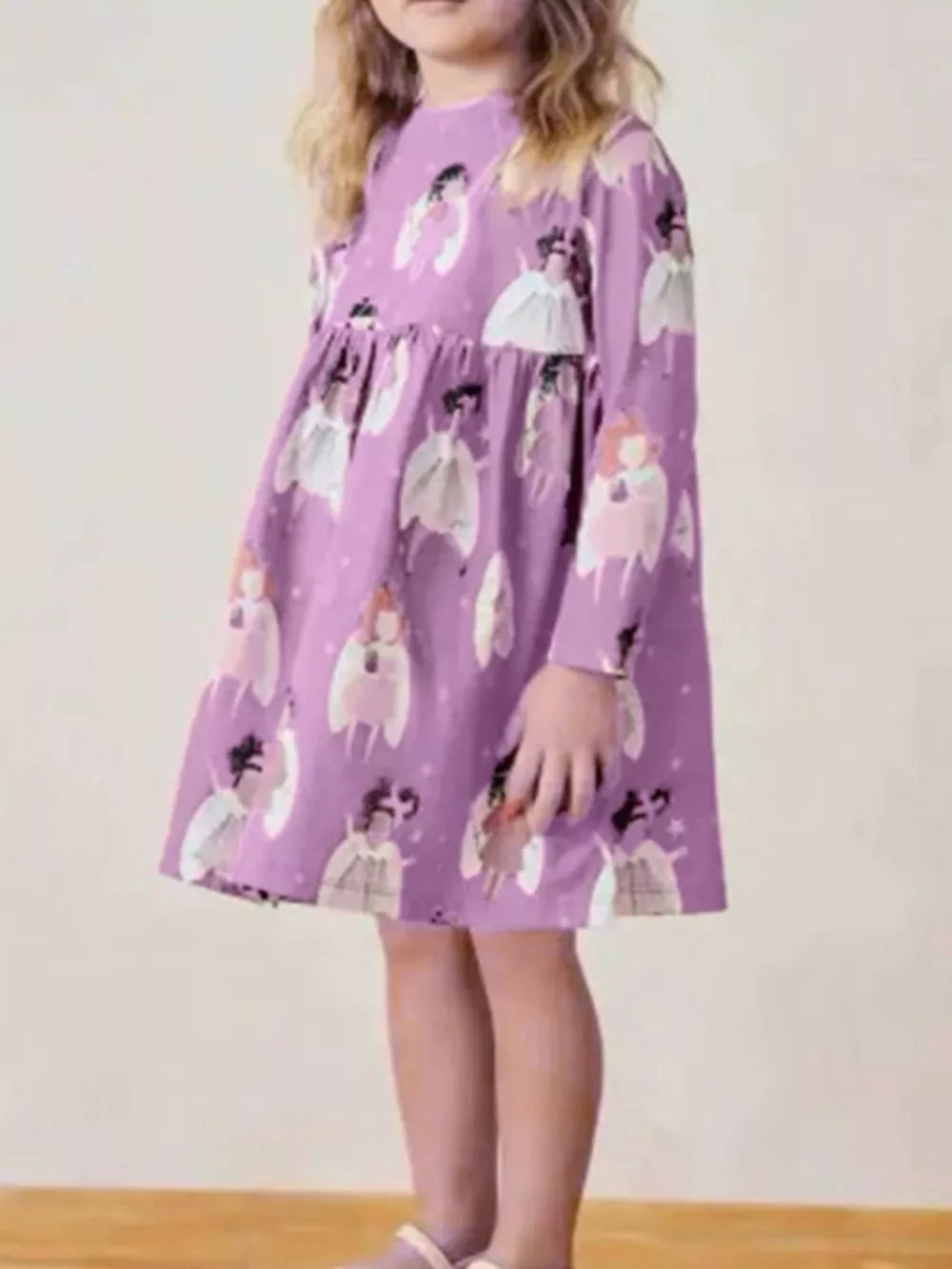 Purple cotton blend toddler dress with cartoon princess print, long sleeves, and gathered waist.