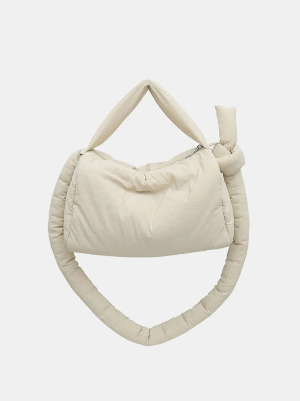 Padded knot shoulder bag in beige with a knotted strap detail.