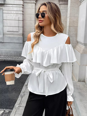 White ruffled cold shoulder maternity blouse with tie belt
