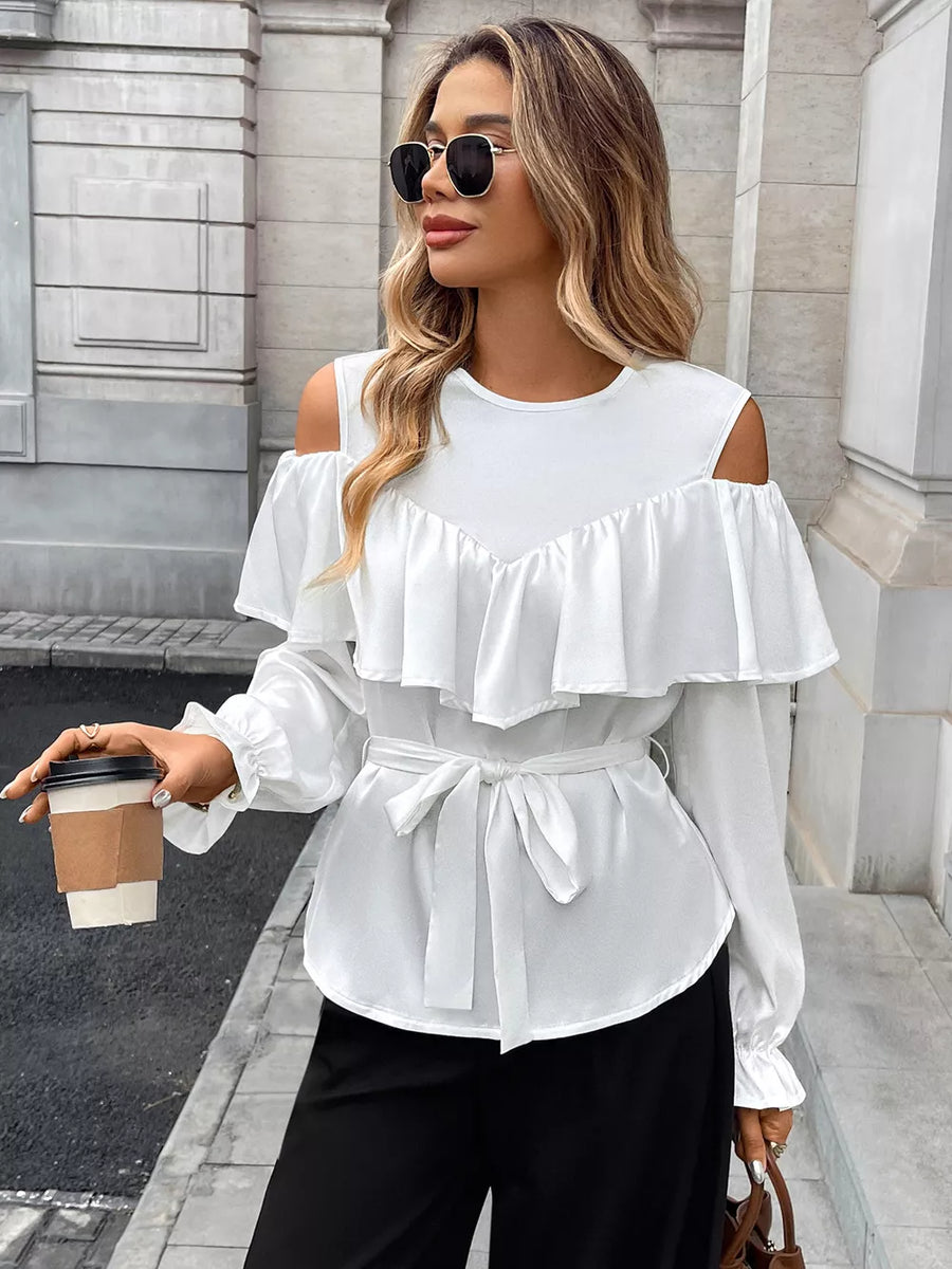 White ruffled cold shoulder maternity blouse with tie belt