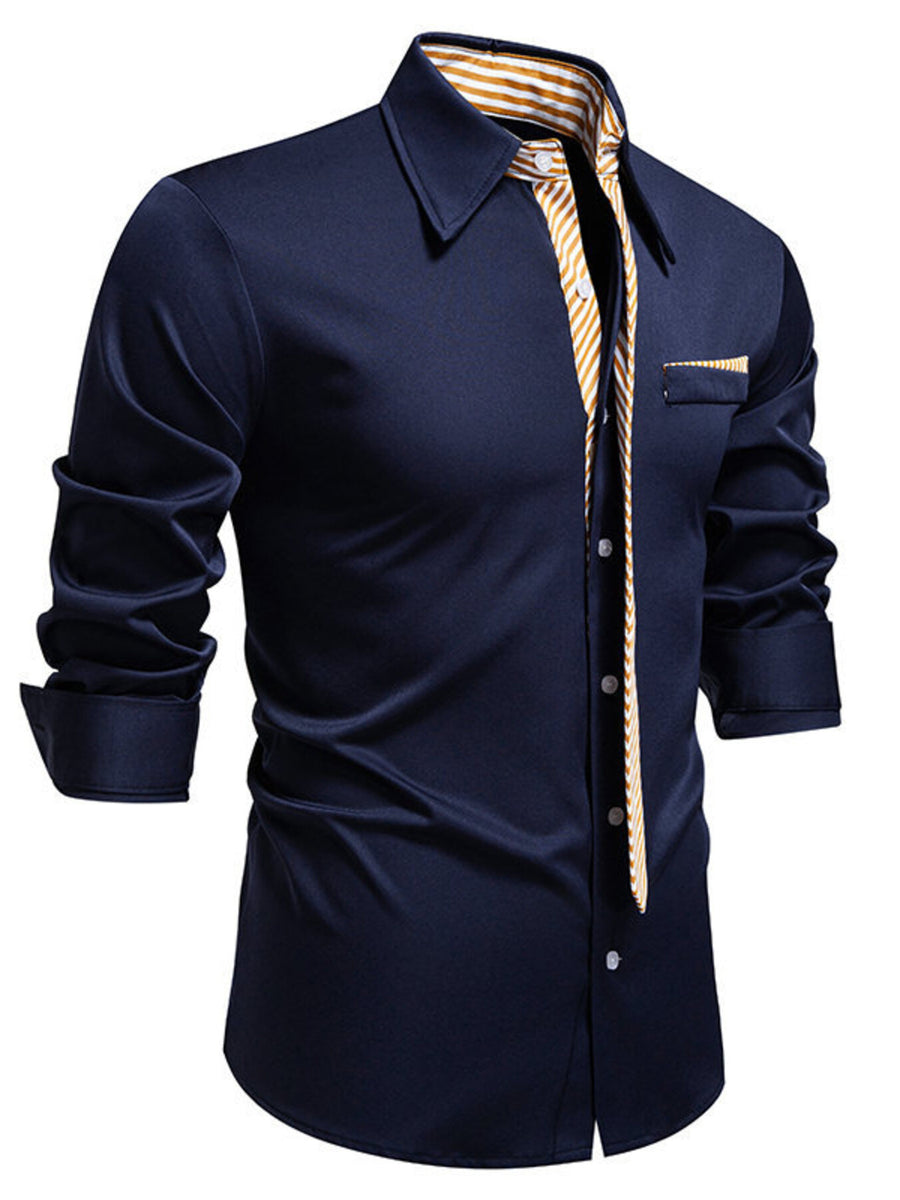 Navy blue cotton button-up shirt with striped collar and pocket detail